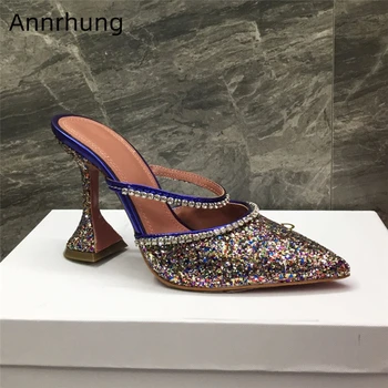 

Iridescent Sequins High Heel Lady Mules Sexy Pointed Toe Individual Goblet Heel Jeweled Rhinestone Sequined Cloth Slippers Women