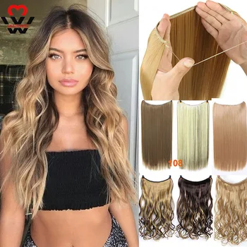 

MANWEI24 inches Natural hair Invisible Wire in Synthetic Hair Extensions No Clip with Secrect Line Easy Attach halo hair