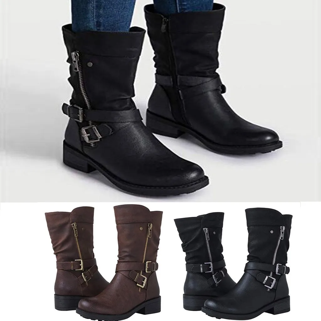 Кожаные Ботинки martin в стиле ретро; женские сапоги до середины икры; зимние повседневные ботинки с пряжкой и ремешком; классические женские рыцарские сапоги на низком каблуке; расклешённые