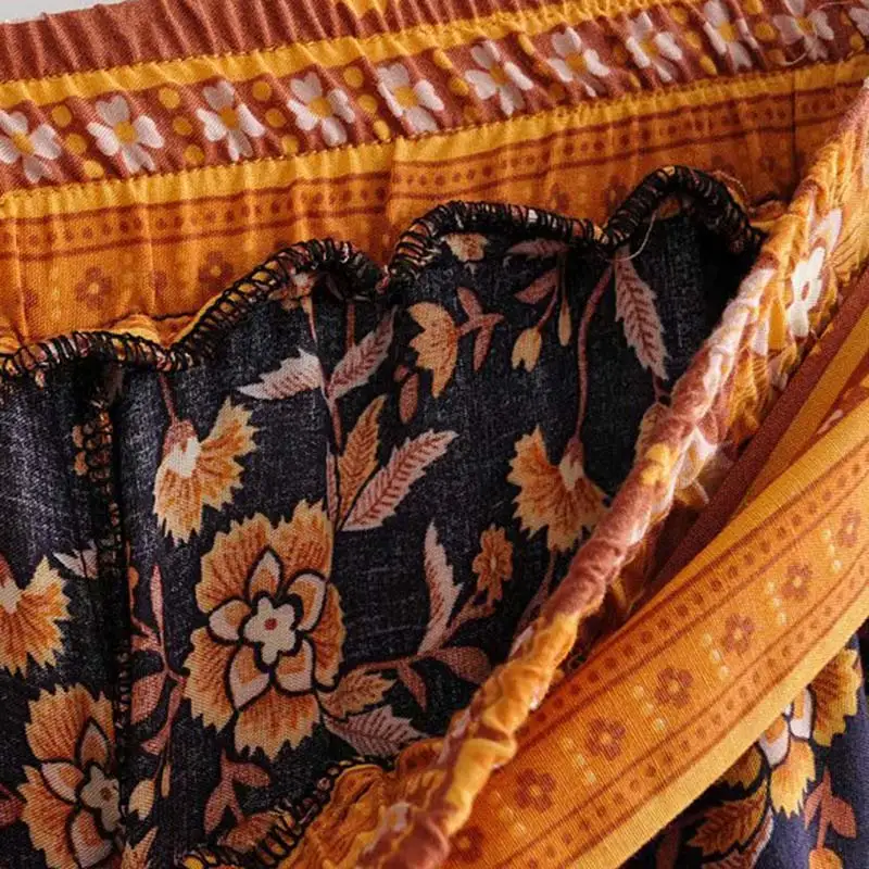 Винтажные широкие брюки с цветочным принтом для женщин Мода boho шикарный летний галстук-бабочка пояса эластичная талия пляжные брюки pantalones