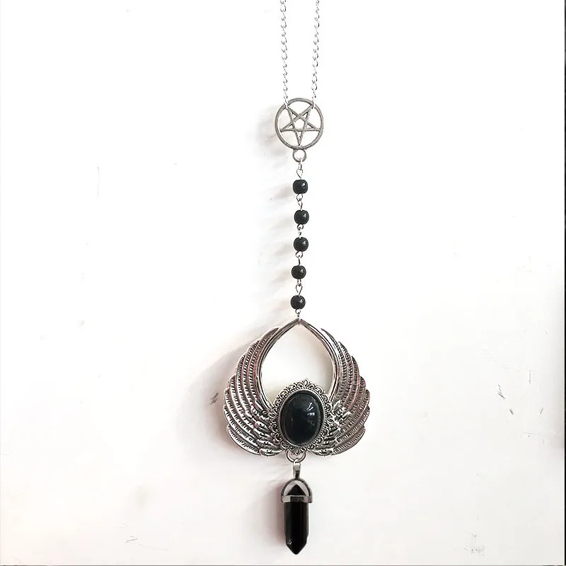 Black Beaded Crescent Necklace Black Rosary with Pentagram and Moon Pendant in Antique Silver, Gothic Necklace, - Image 6