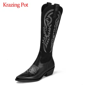

Krazing pot embroidery real cow leather Chinese style british pointed toe thick med heel zipper retro dress knee-high boots L26