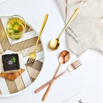 

Stainless Steel Spoon Fork Sliver Rose Gold Durable Coffee Cake Dessert Ice Cream Fruit Fork Spoons Tableware Set Party Supplies