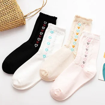 

Dreamlikelin Spring Autumn Women Sweet Socks Korean Style Lolita Heart Lace Girls Students Cotton Crew Socks