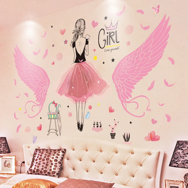 

[shijuekongjian] Pink Color Feather Wings Wall Sticker DIY Cartoon Gilr Wall Decals for Kids Rooms Kids Bedroom Home Decoration