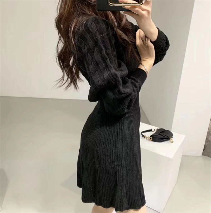 Fashion Autumn Winter Knitted Dress Women Twist Pattern Pleated Dress Elegant Solid Lantern Sleeve Tunic Sweater Dress Vestidos
