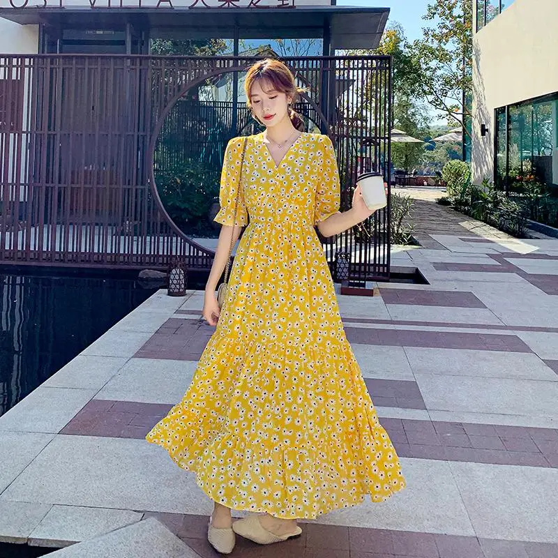 Yellow Maxi Plus Size Dress One Piece Korean Ladies Summer Short Sleeve V Neck Sexy Beach Boho A Line Robe Party Dress For Women Dresses Aliexpress