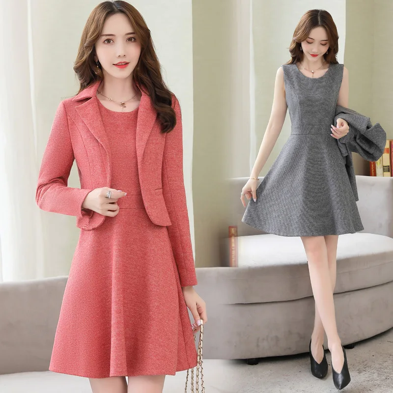 

Two-Piece Set Woolen Dress 2019 Autumn Clothing New Style Slim Fit Waist Hugging Mid-length Skirt Short A- line Skirt Fashion