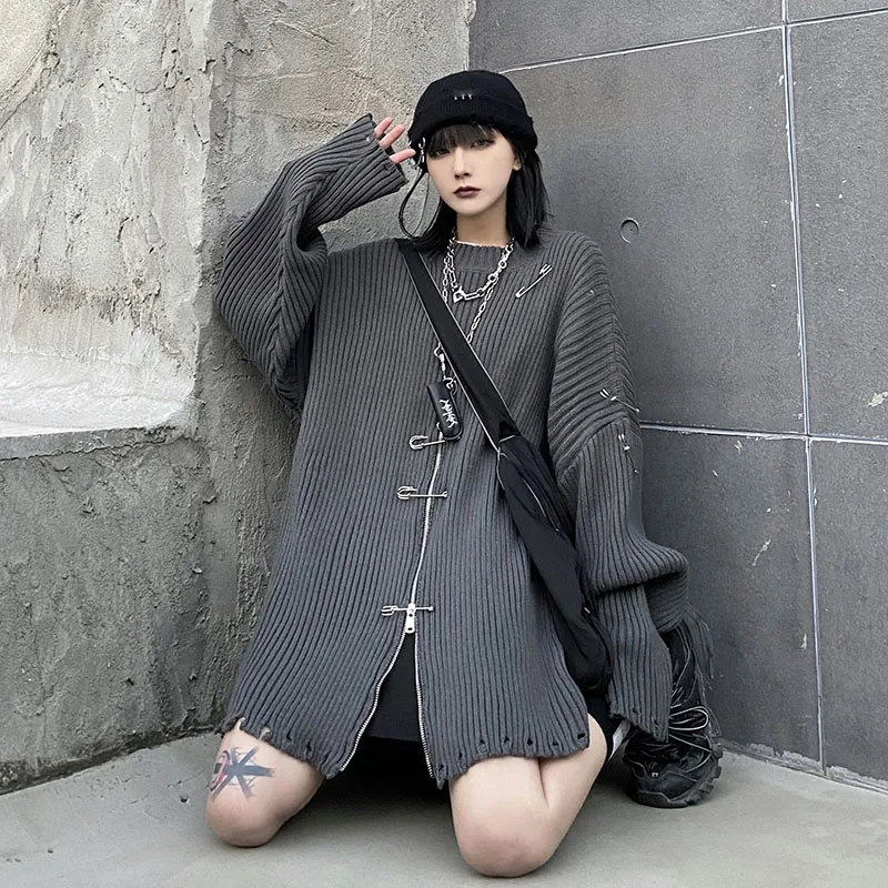 

2021 new fashionZippers Sweater Autumn Winter New Korean Casual Dark Wild Loose Loose Lazy Wind Hole Men Women Couple Sweater