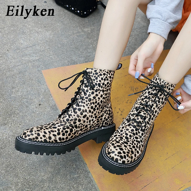 

Eilyken Leopard grain Platform Women Boots Lace Up Round Toe Square Heels Female Boot Motorcycle Casual Ankle Shoes Winter