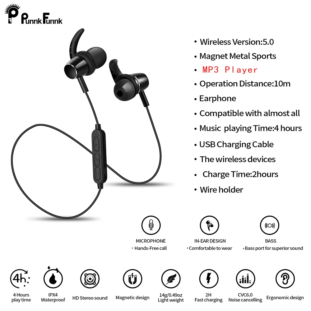 Беспроводные наушники PunnkFunnk Bluetooth 5 0 встроенный MP3 плеер Matel Magentic 3D стерео