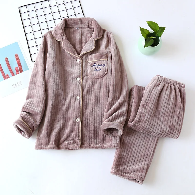 

New winter thickened flannel couple pajamas suit men and women coral fleece warm home service set simple two piece set sleepwear