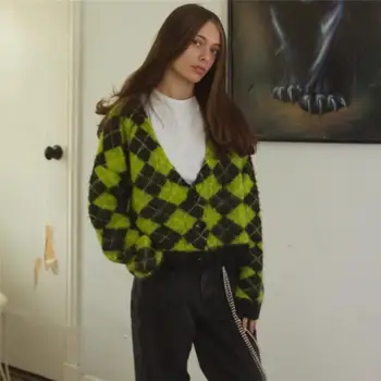 

Women Vintage Plaid Cropped Green Sweaters Cardigan Long Sleeve Autumn Winter Crop Tops Casual Loose Jumper Sweaters
