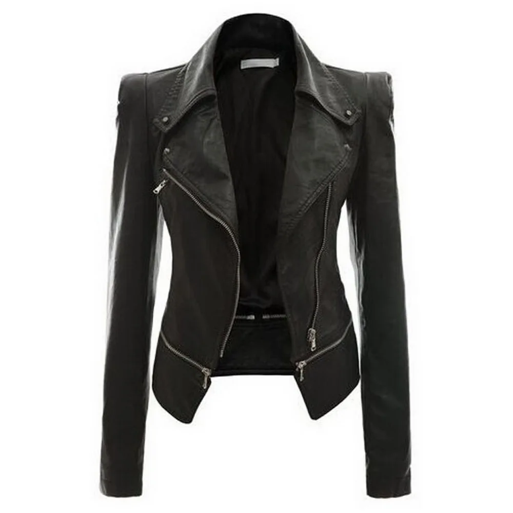 HEFLASHOR/ Женская куртка из искусственной кожи, пальто на молнии с воротником-стойкой, байкерские повседневные топы, женская верхняя одежда для мотоциклистов - Цвет: Черный