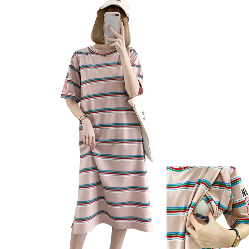 

Mid-Calf Length Wide Stripe Summer Dresses Maternity Clothes Boat Neck Breastfeeding Clothes Pregnant Clothes 3779