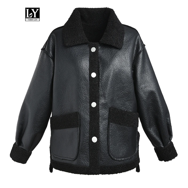 Ly Varey Lin, зимняя женская Двусторонняя куртка из мягкой искусственной кожи, теплая куртка из искусственного меха ягненка, толстая однобортная Женская мотоциклетная верхняя одежда