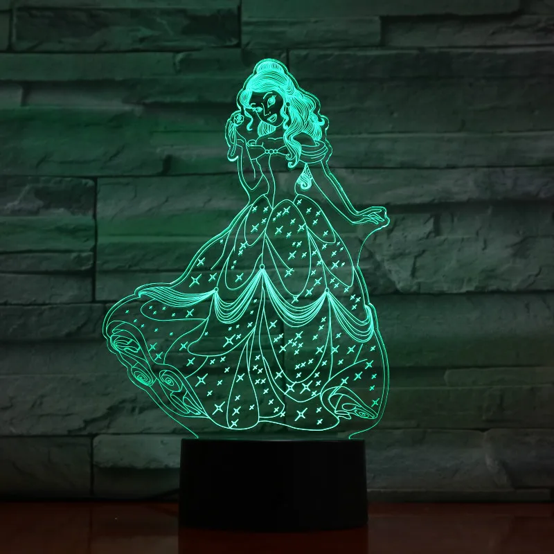 Красота и с рисунком из мультфильма «Красавица и Чудовище» 3d светодиодный ночной Светильник принцессы Беллы Украшения в спальню подарок для маленьких девочек ночной Светильник Настольный ночной Светильник платье "Принцесса Белль"