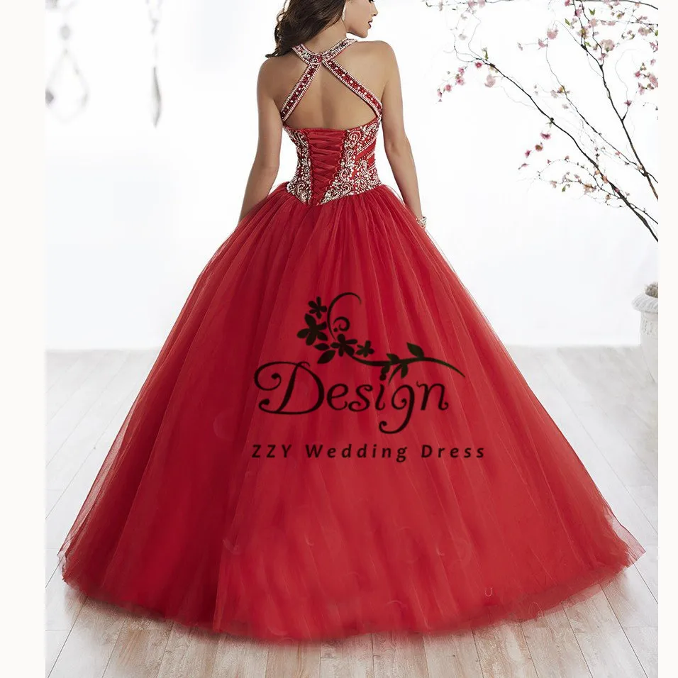 Vestidos de 15 anos quinceanera красное Тюлевое платье с лямкой на шее, украшенное бисером и кристаллами, пышное платье с аппликацией и шлейфом, милое платье 16