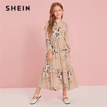 SHEIN Kiddie Khaki Floral Print Tiered Layer Ruffle Hem Boho Dress Kid Autumn Bishop Sleeve Zipper Back Flared Maxi Dresses