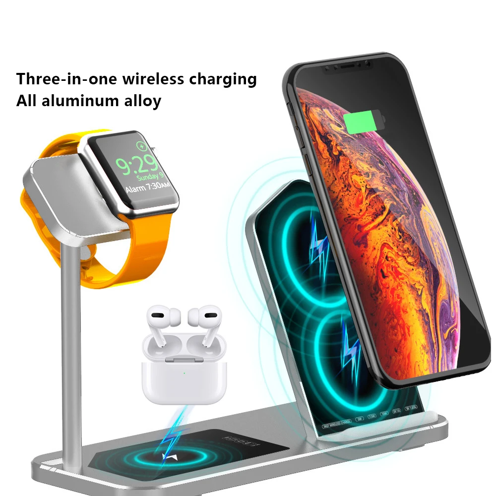 silver Для Airpods Pro iWatch Быстрое беспроводное зарядное устройство Подставка док-станция 3 в 1 из алюминиевого сплава зарядная станция база для iPhone samsung huawei - Цвет: silver