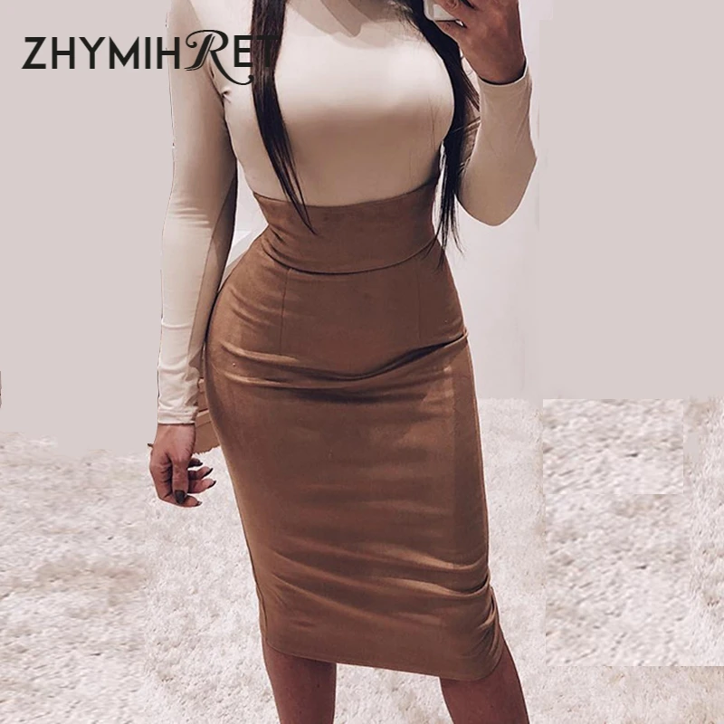 ZHYMIHRET, элегантная, на молнии сзади, Suedue, высокая талия, юбка для женщин, обтягивающая, с разрезом, миди, юбка, осень, пуш-ап, юбка-карандаш для женщин