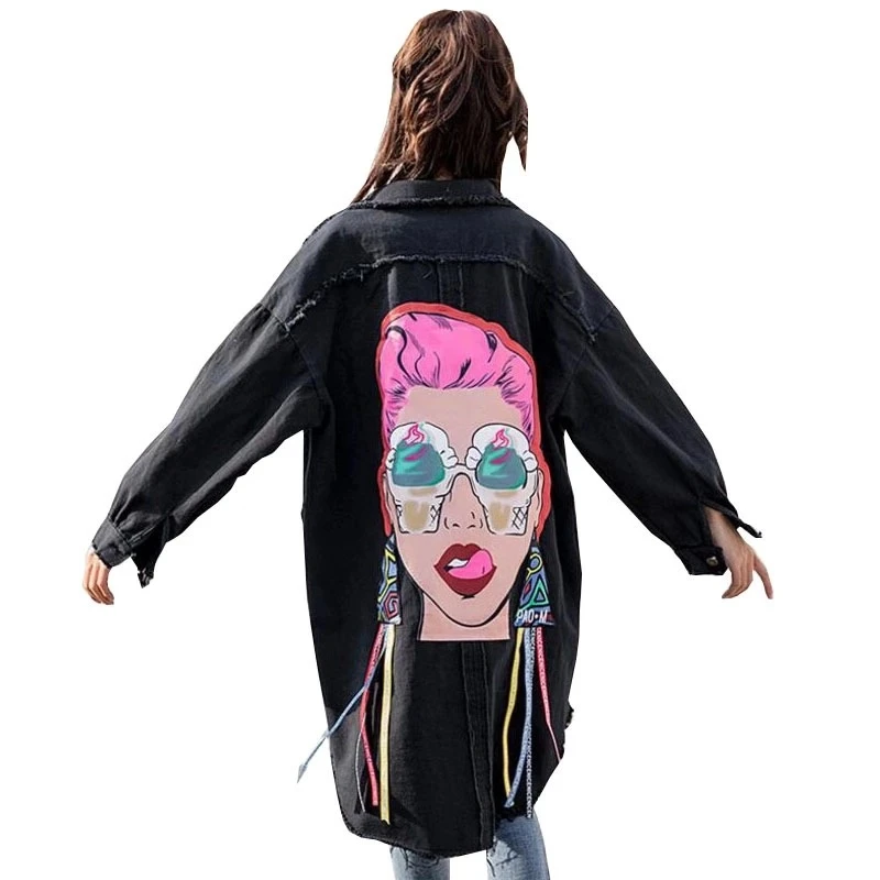 

2019 Boyfriend Casual Denim Jacket Woman Loose Coat Vintage Pattern Korea Print Windbreaker Chaqueta Mujer Harajuku Befree Vadim