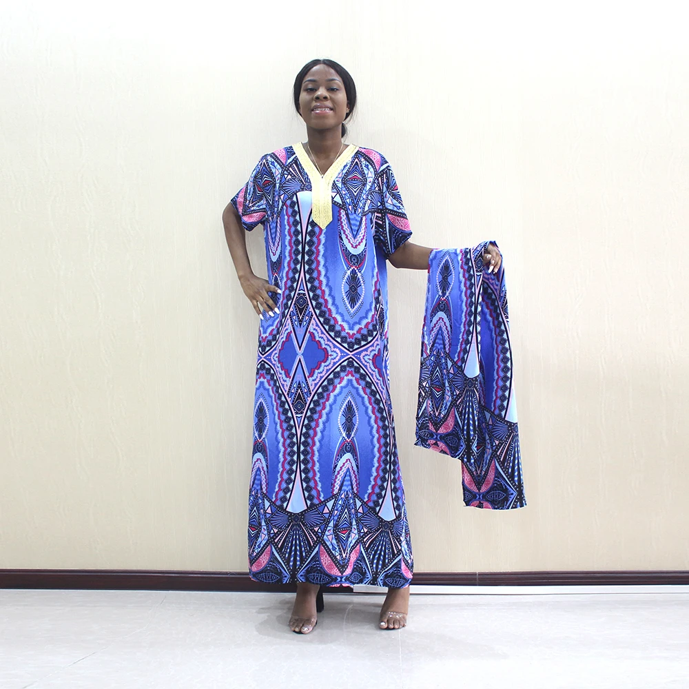 

Newest Fashion Design Dresses African Dashiki Blue Pattern Printed Pure Cotton noble Elegant African Dress With Scarf