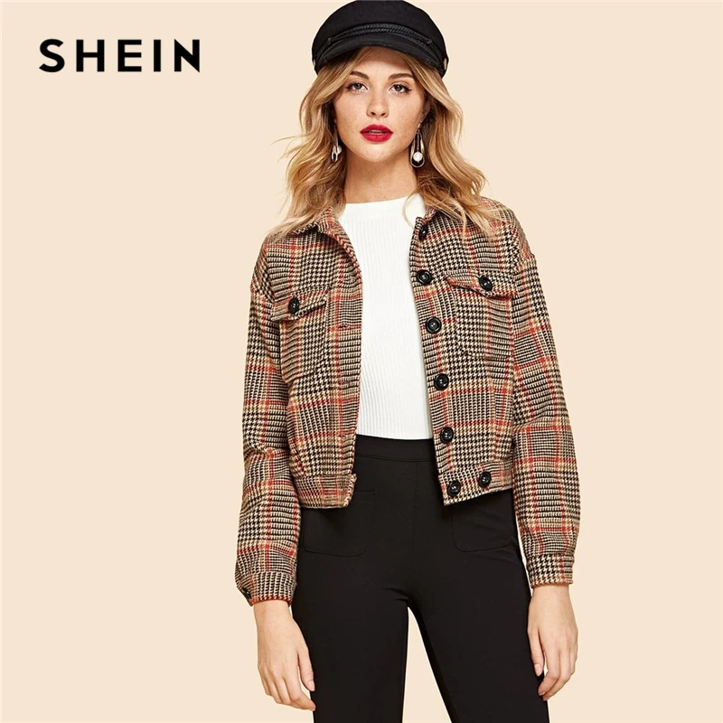 

SHEIN Multicolor Flap Pocket Front Houndstooth Utility Jacket Women Crop Spring Coat Buttoned Long Sleeve Casual Jackets