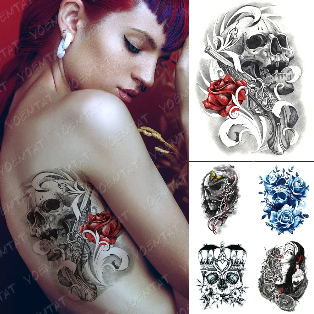 

Waterproof Temporary Tattoo Stickers Butterfly Skull Rose Flower Gun Flash Tattoos Female Arm Body Art Fake Sleeve Tatoo Male