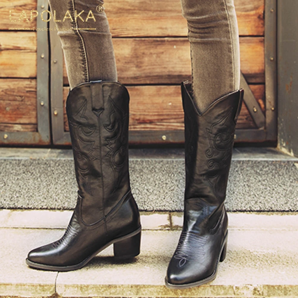 

Lapolaka 2019 New Fashion Plus Size 34-46 Chunky Heels Mid Calf Boots Woman Shoes Slip On INS Hot Shoes Women Boots Female