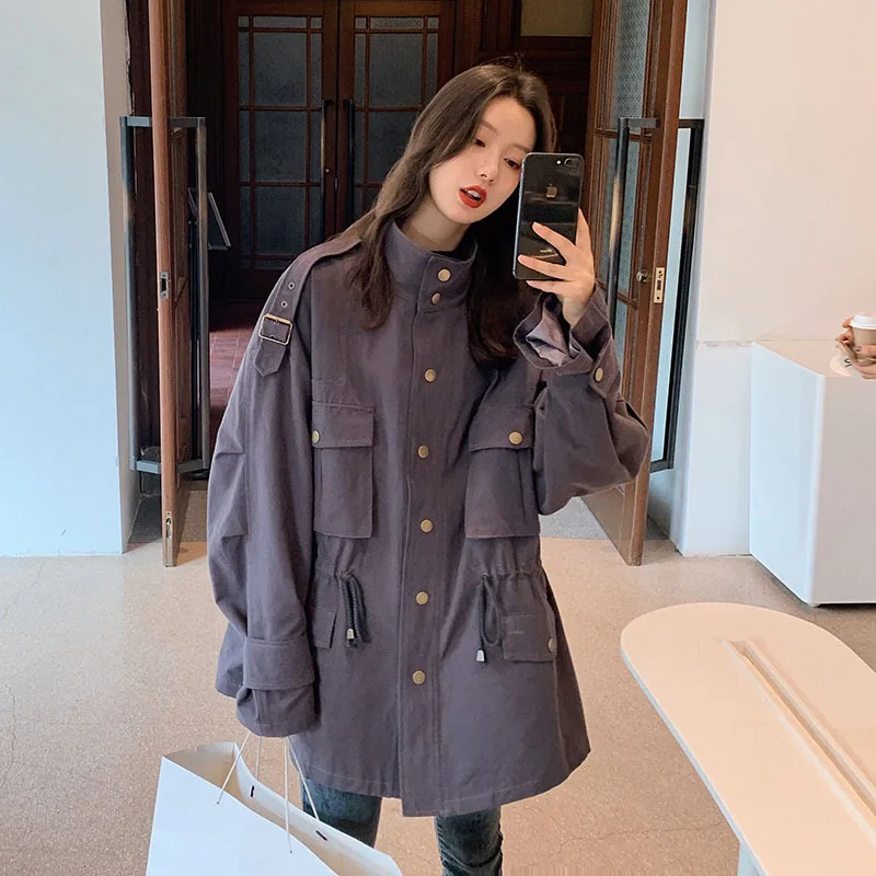 

Photo Shoot Workwear Trench Coat Women's Mid-length Short-height 2020 New Style Korean-style Loose-Fit Contrast Color Joint Coat