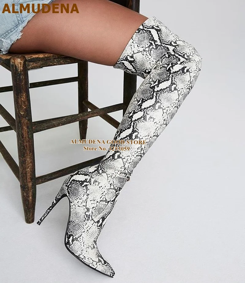 ALMUDENA Stiletto Heels Snakeskin Thigh High Boots Pointy Toe Dress Shoes Nightclub Python Printed Tall Boots Plus Size Boots