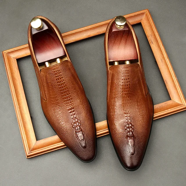 Handmade Mens Wedding Oxford Shoes Black Khaki Genuine Leather Brogue Men's Dress Shoes Slip On Business Formal Shoes For Men 3