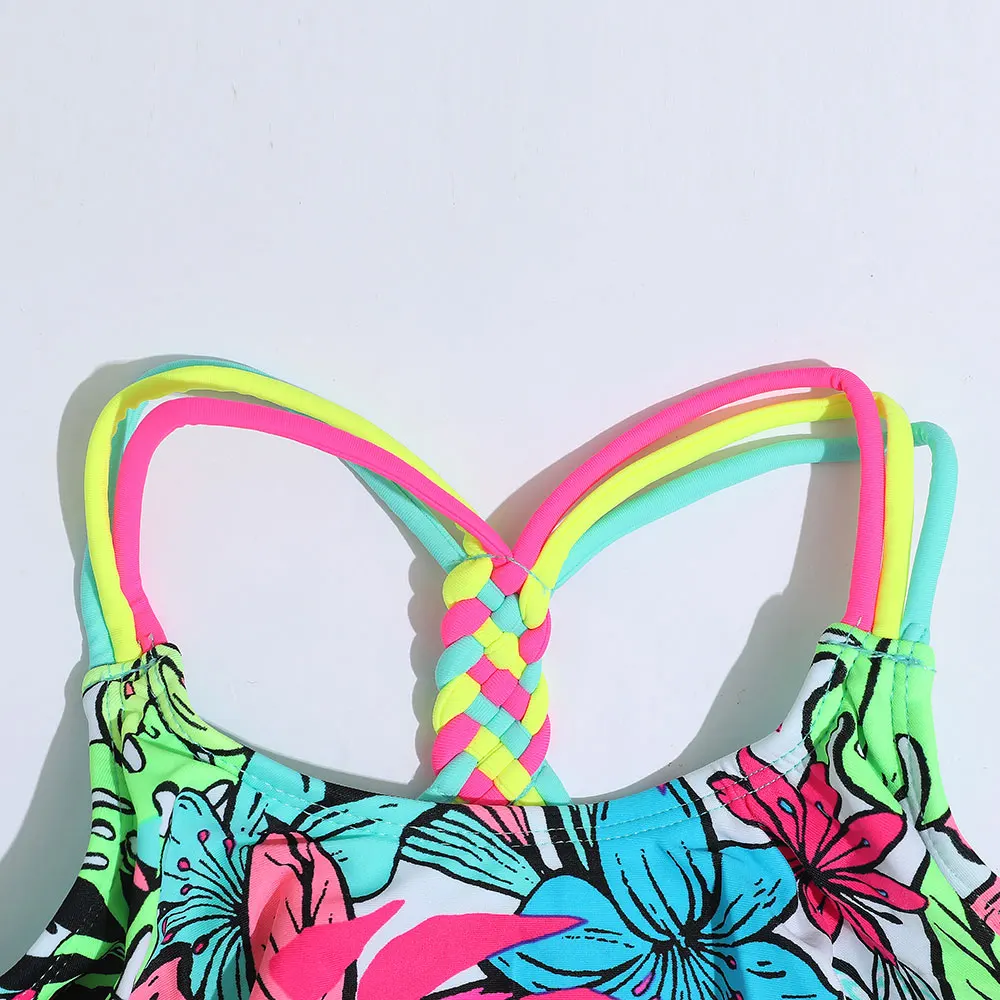 4-18 Years Flounce Girl Swimsuit Kids Tropical Floral Two Piece Children's Swimwear Crochet Strap Bikini Set Girls Bathing Suits