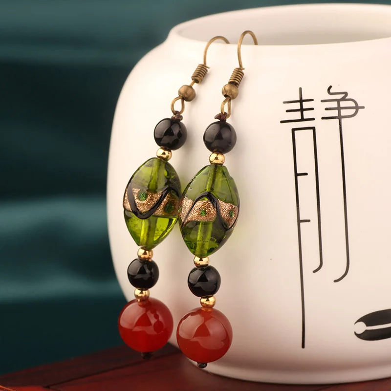 

MYWINY 2019 New green glass glazed earrings dangle, ethnic nature stone beads earrings vintage