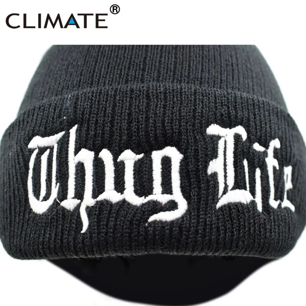 Черная Шапка-бини с принтом THUG LIFE, зимняя теплая вязаная шапка Skullies Beanie, повседневная крутая Черная шапка в стиле хип-хоп, теплая шапка для мужчин и женщин THUG LIFE