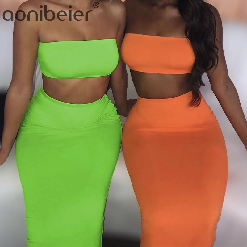 

Aonibeier Neon Color Women Two Piece Set Strapless Crop Top High Waist Long Skirt Set 2019 Summer Female Fashion Sexy Outfits