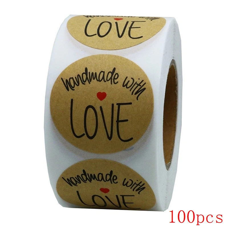 50-500pcs Handmade With Love Kraft Paper Stickers 25mm Round Adhesive Labels Baking wedding decoration party decoration Sticker 