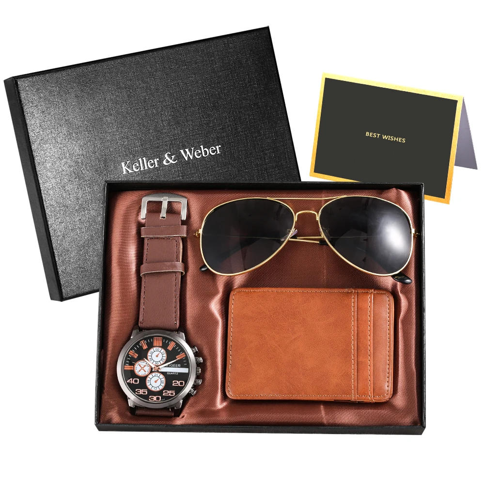 

3PCS Men Watch Luxury Original Gift Brown Leather Wallet Sunglasses Gift Set for Men Quartz Wristwatches Business Watch Man