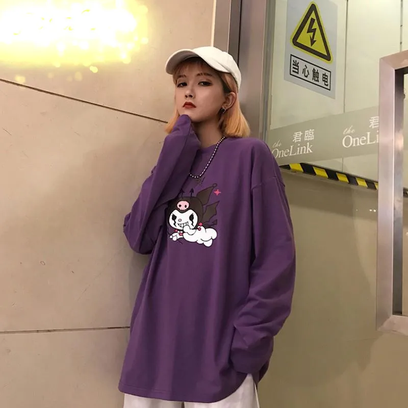 Уличная одежда с принтом дьявола фиолетовая женская футболка с длинным рукавом и круглым вырезом Повседневная Свободная Весенняя Осенняя Футболка-85
