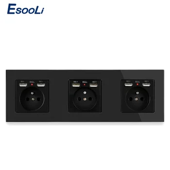 

Esooli Crystal Glass Panel French Standard Wall Socket With 6 USB Charge Port For Mobile Hidden Soft LED Indicator 258*86mm