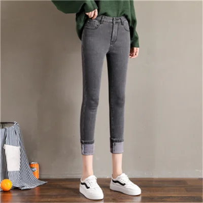 gray gray fleece Зимние флисовые джинсовые брюки-карандаш ярких цветов, женские теплые плотные джинсы, модные обтягивающие однотонные джинсы, брюки-стритбрючки, P9194 - Цвет: gray gray fleece
