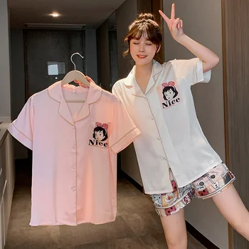 

2020 ice and snow silk pajamas summer new short-sleeved shorts two-piece printed witch girl pajamas set pink pajamas
