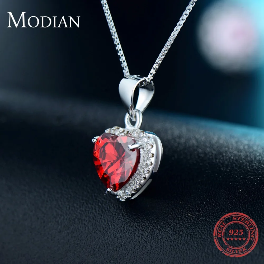 Modian luxury Fashion Real 925 Sterling Silver Hearts Pendant Red Heart Clear Crystal Classic Wedding Chain Jewelry For Women