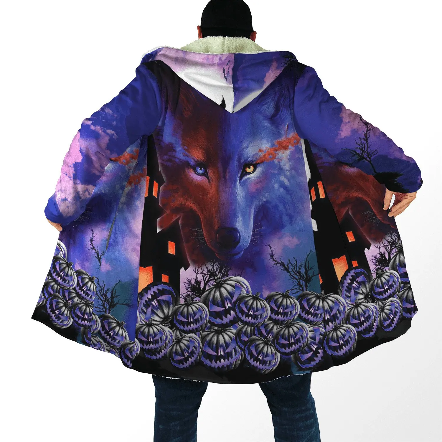 2024 Winter Mode Herren Mantel Halloween Wolf Kürbis 3D Druck Fleece Mit Kapuze Mantel Unisex Casual Dicke Warme Cape-mantel PJ-03 – Detail 4