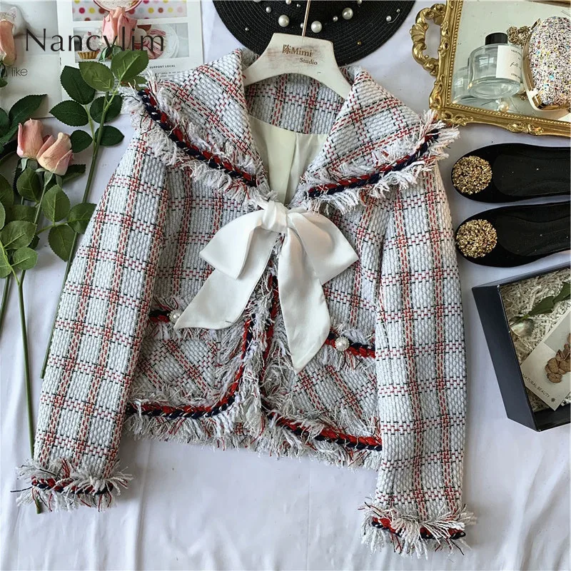 

Luxury Small Breeze Navy Collar Fringed Plaid Tweed Bow Suit Jacket Womens Temperament Bow Collar Pearl Button Tweed Coat Lady