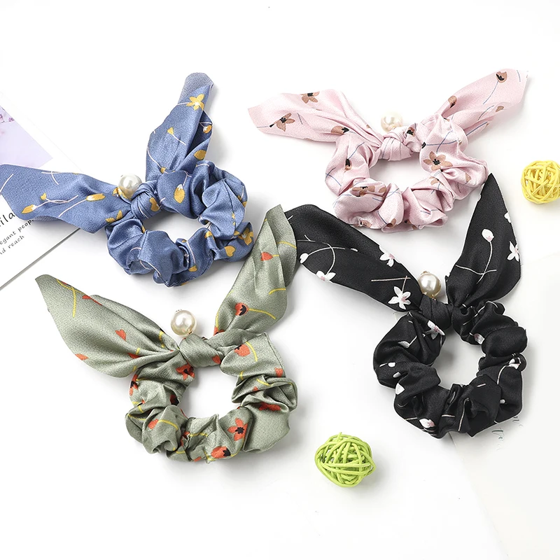 

Korean Chiffon Floral Bow Scrunchies Pearl Rabbit Ears Ponytail Hair Rope Women Rubber Bands For Girls Hair Accessories Headwear