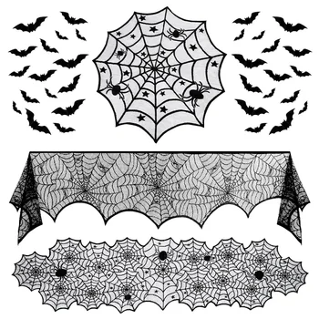 

Hemoton Halloween Lace Tablecloth Fireplace Scarf Spider Web Table Runner Fireplace Mantle with Bat Stickers for Halloween Livin