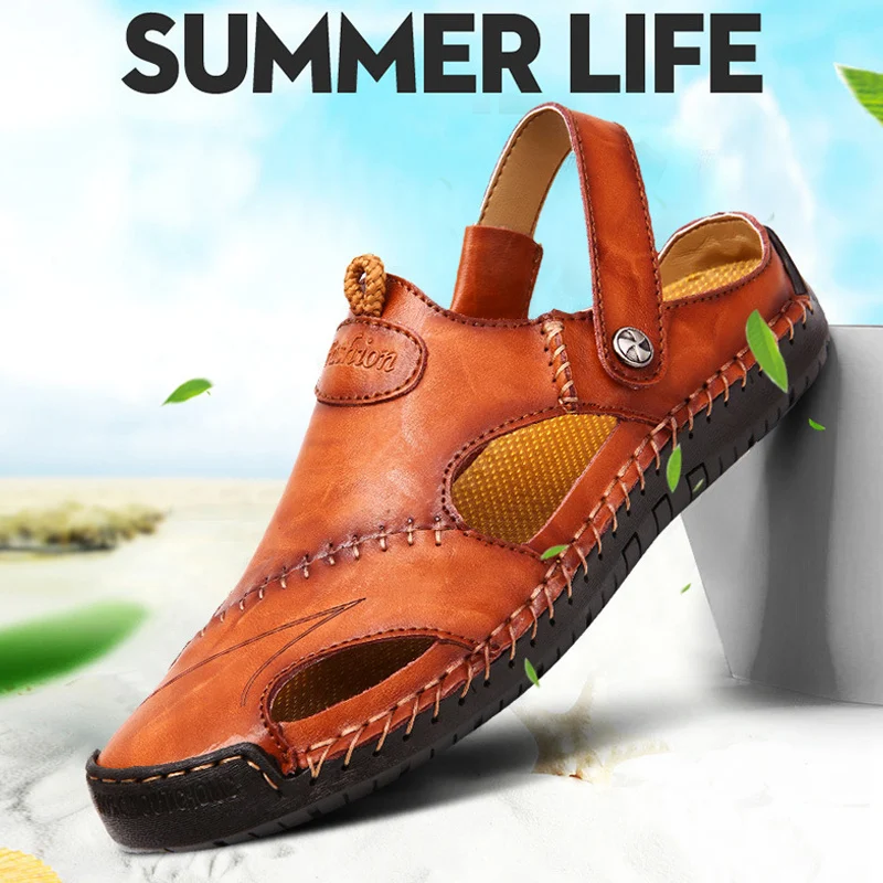 

Newly High Quality Men FashionSport Close Toe Sandals Summer PU Leather Shoes Flat Slippers for Beach Fisherman C55K Sale