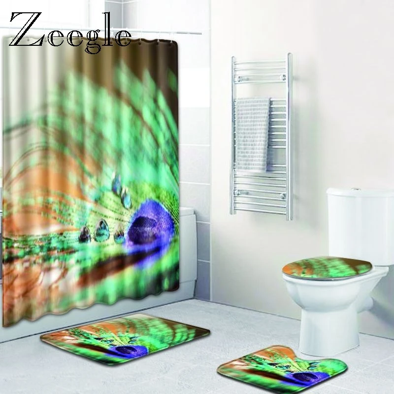 Zeegle Print Shower Curtain Pedestal Rug Lid Toilet Cover Mat Bath Mat Set Bathroom Curtain with 12 Hooks Non-slip Shower Mat